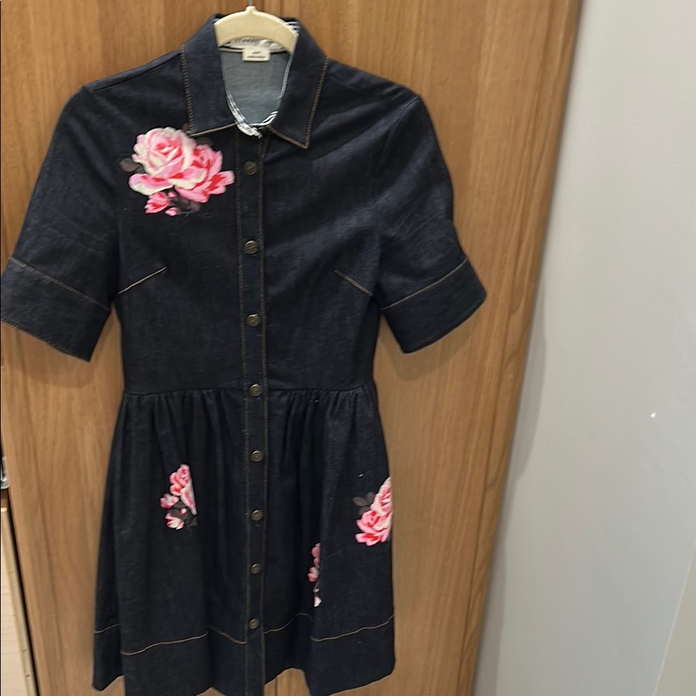 Kate Spade Black Denim Dress with Pink Floral Embroidery